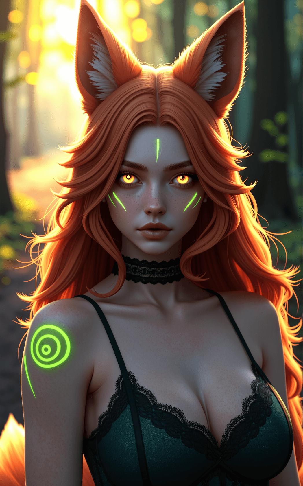 AI generated: Beautiful fox girl kitsune fantasy character portrait, long wavy coral red hair, large pointed fox e...