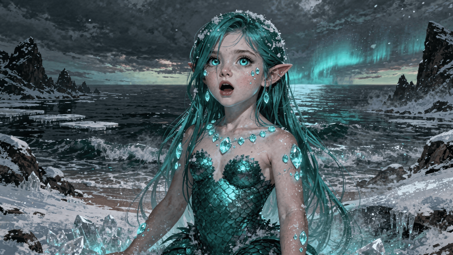 AI generated: A turquoise-haired siren emerges from the sea,her long turquoise hair and hypnotic blue eyes drawing...