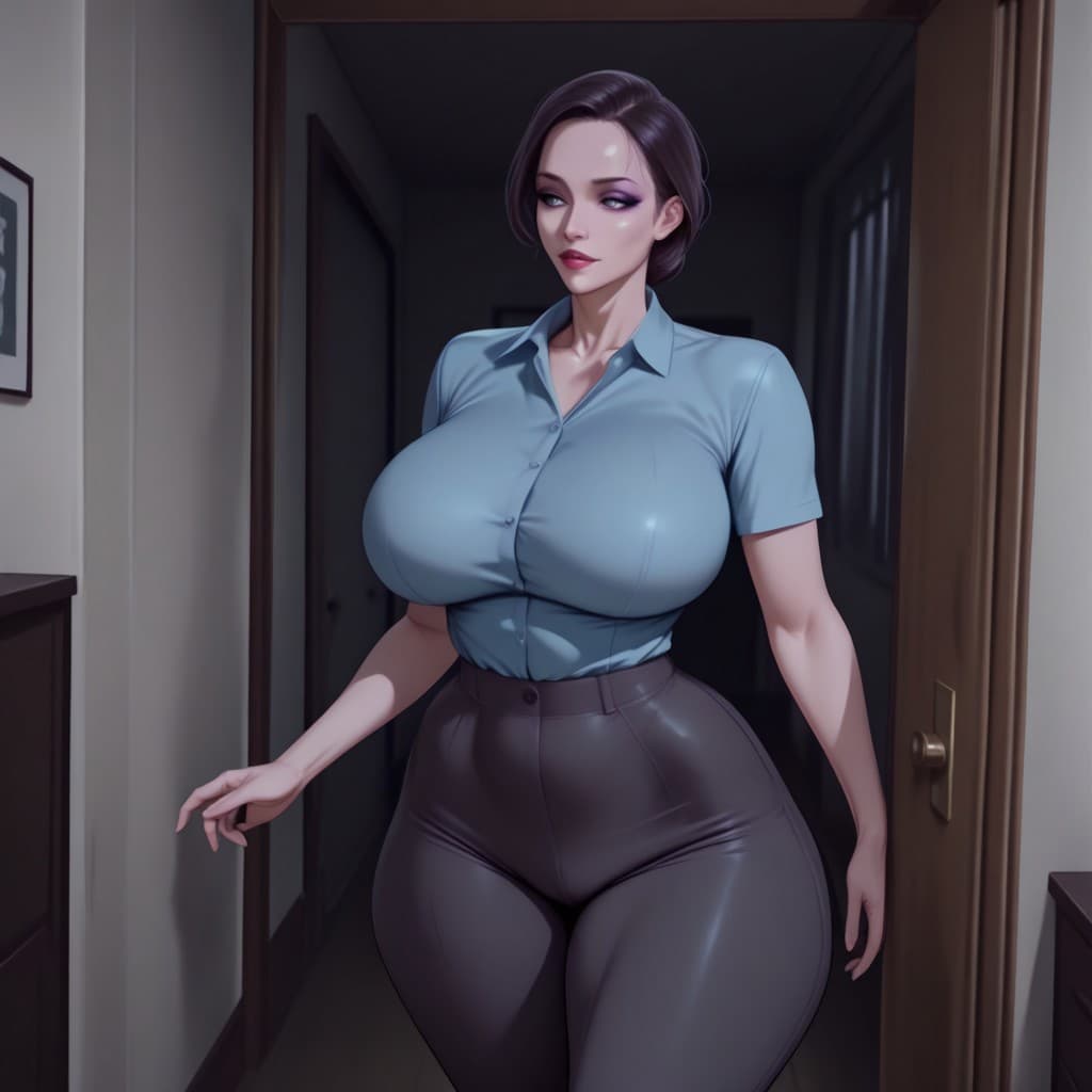 AI generated: milf mother, alone, massive breasts, wide hips, makeup, lipstick, thick thighs, curvy, shirt, large ...