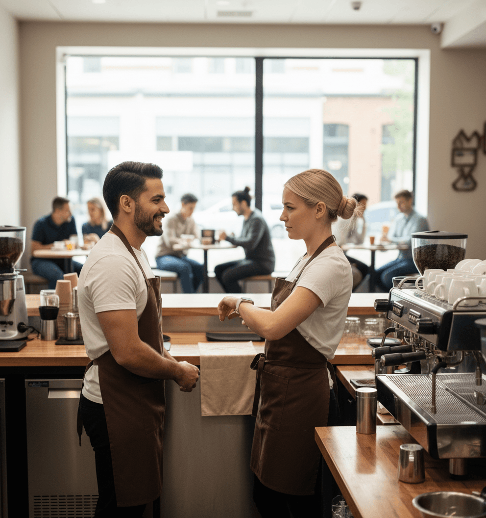 AI generated: Male Hispanic barista 5'2" tall, at a coffee shop behind the counter. The coffee shop is full of peo...
