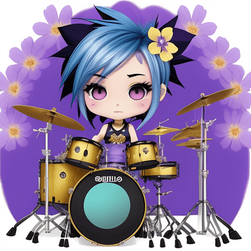 AI generated: female chibi with blue hair, purple flowers and gold drumset