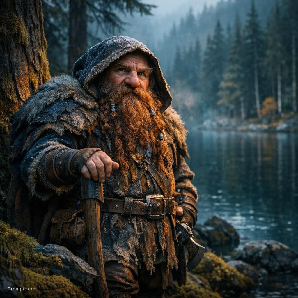 AI generated: a realistic dwarf among the trees, forest lake, moss, cold weather, dark teal and amber, Sony A7 IV