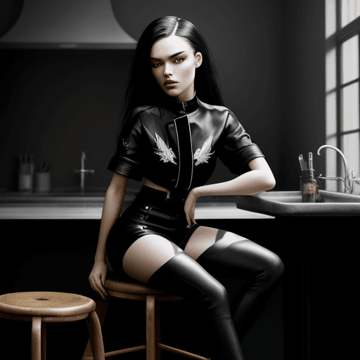 AI generated: a woman sitting on a stool wearing a blaze, I-D magazine, black blaze, very pretty 