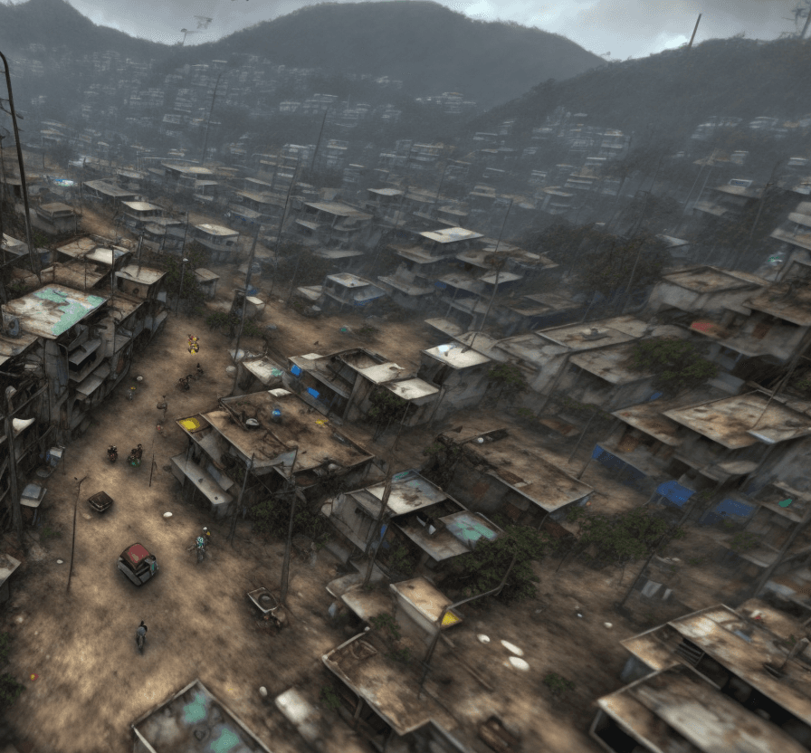 AI generated: a mech is walking in a favela. terrified people are running while fleeing. realistic view.