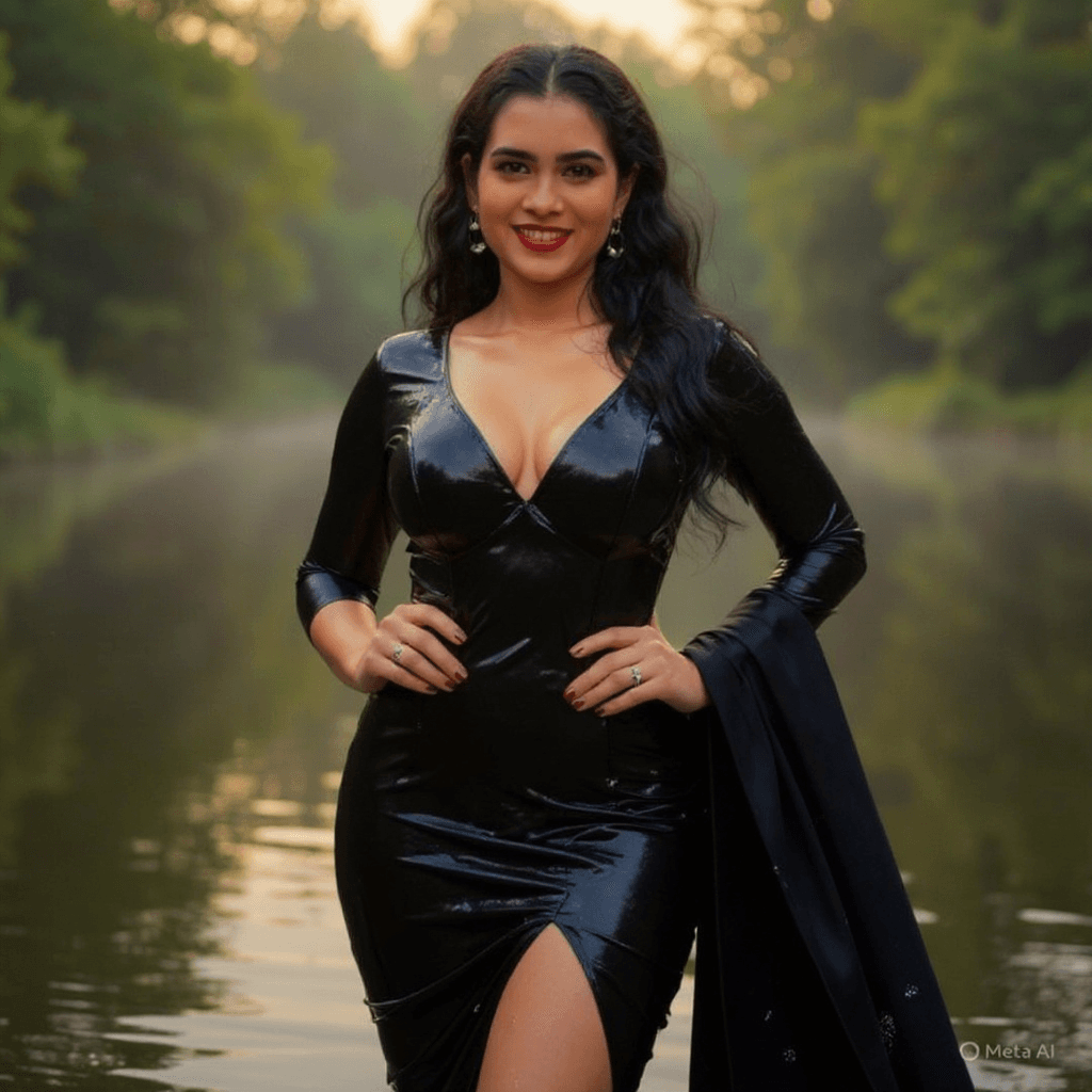 AI generated: Full-body portrait of a radiant, curvy young tween female with long, flowing black hair, posing conf...