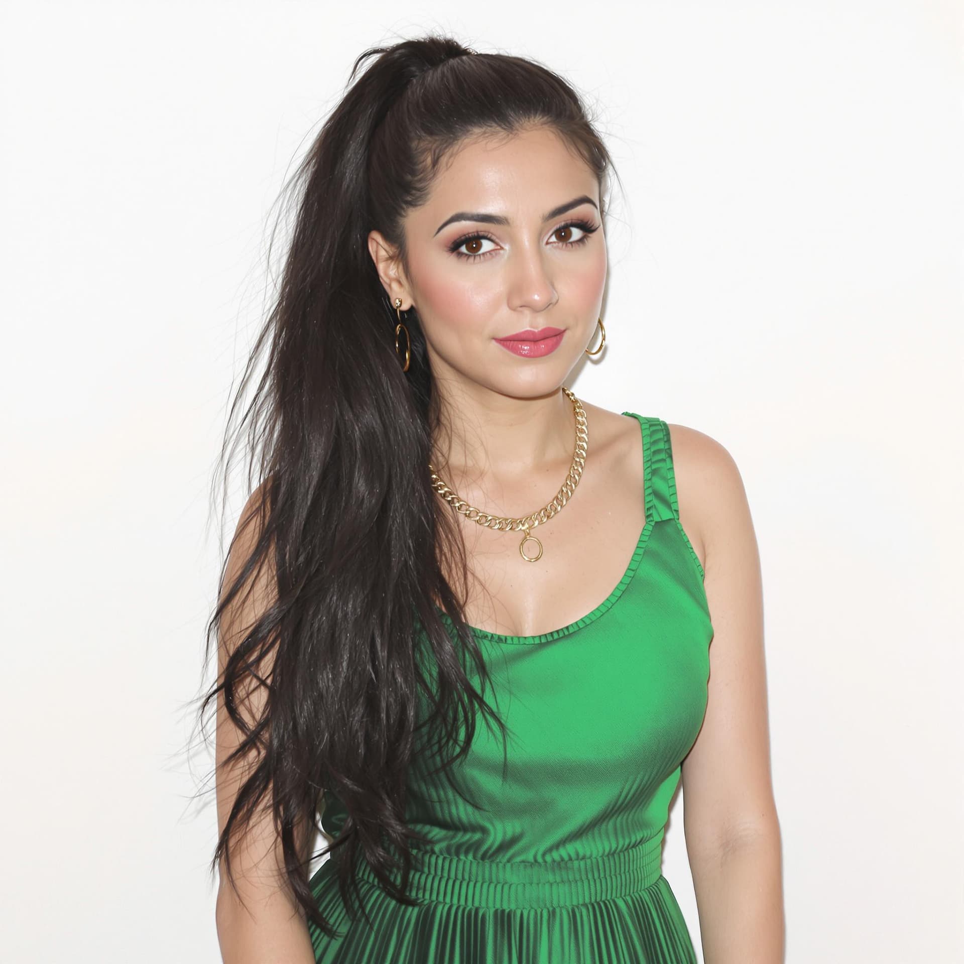 AI generated: a woman facing the camera, her long, dark hair cascading over her shoulders. She is wearing a green ...