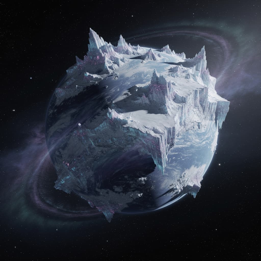 AI generated: Create a Sci-Fi image of a planet. A Rogue Ice World, Planet. Within the Void of Space. Make it Ultr...