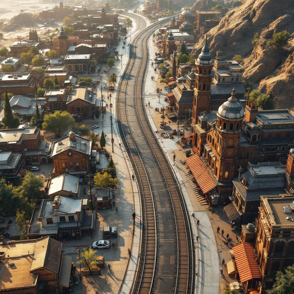 AI generated: Display an aerial view of a sleek, futuristic Old West City, a reminder of the rough terrain of the ...