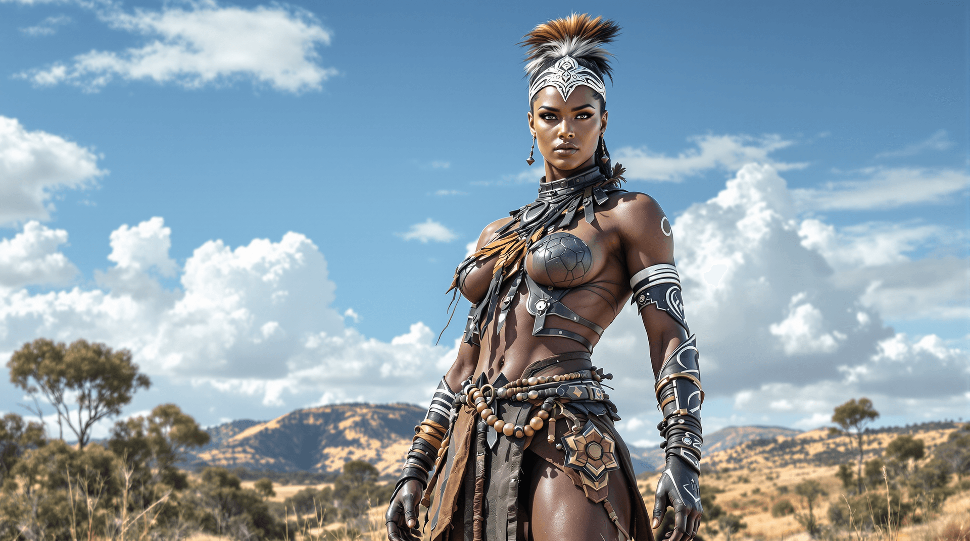 AI generated: High quality image of a warrior woman inspired by ancient Australian culture, standing in a beautifu...