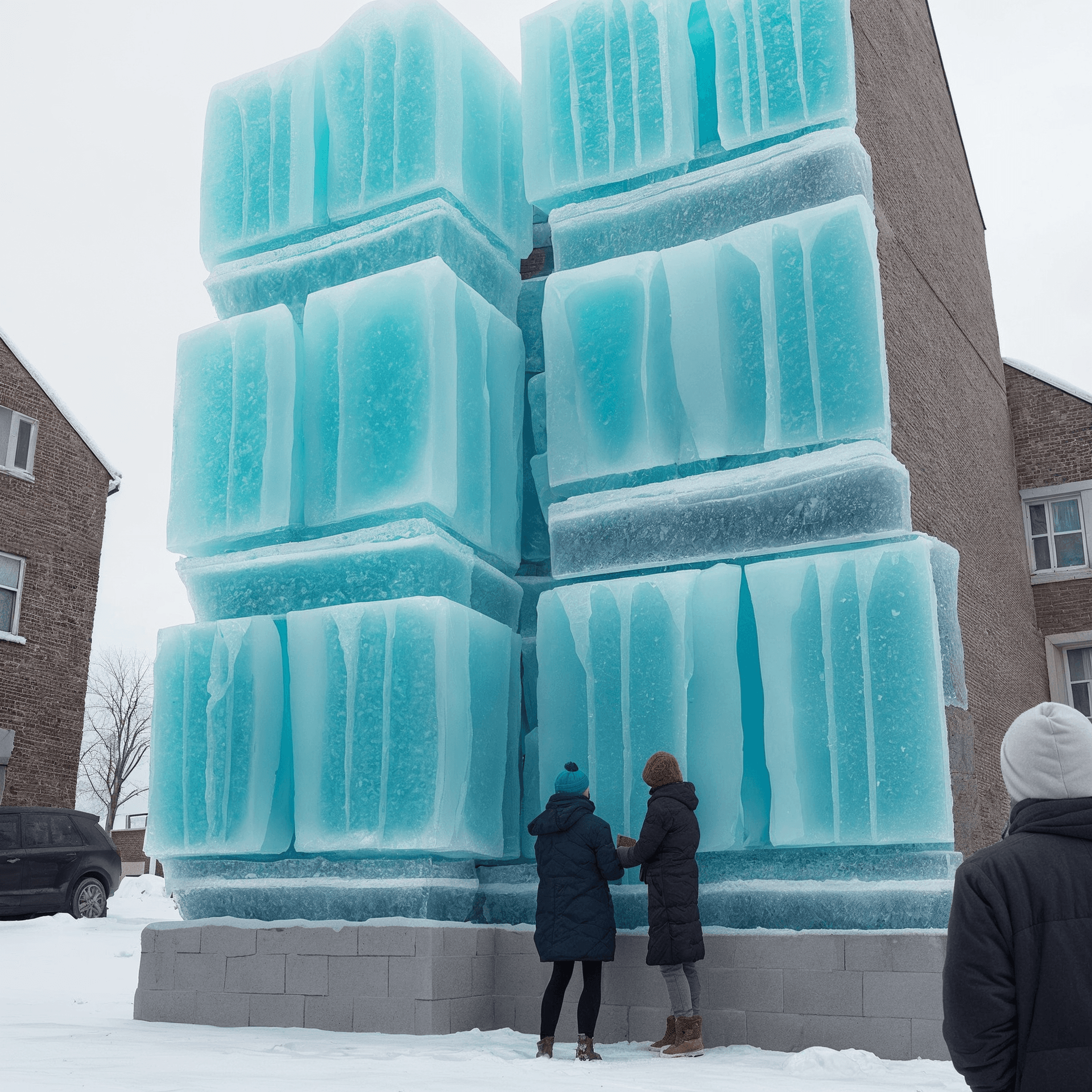 AI generated: ([hdr, film still] lifelike textures),made of ice blocks frozen building in style of brutalism, froz...
