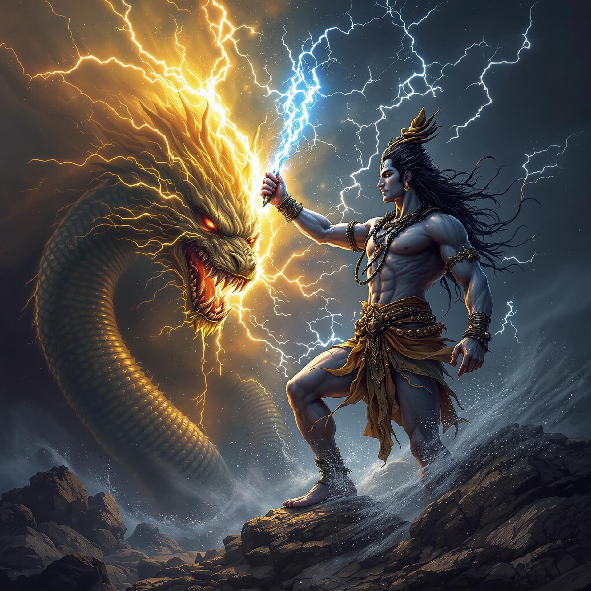 AI generated: Detailed illustration of god Shiva, stand at the gods neptune , divine, Grabbing a bolt of lightning...