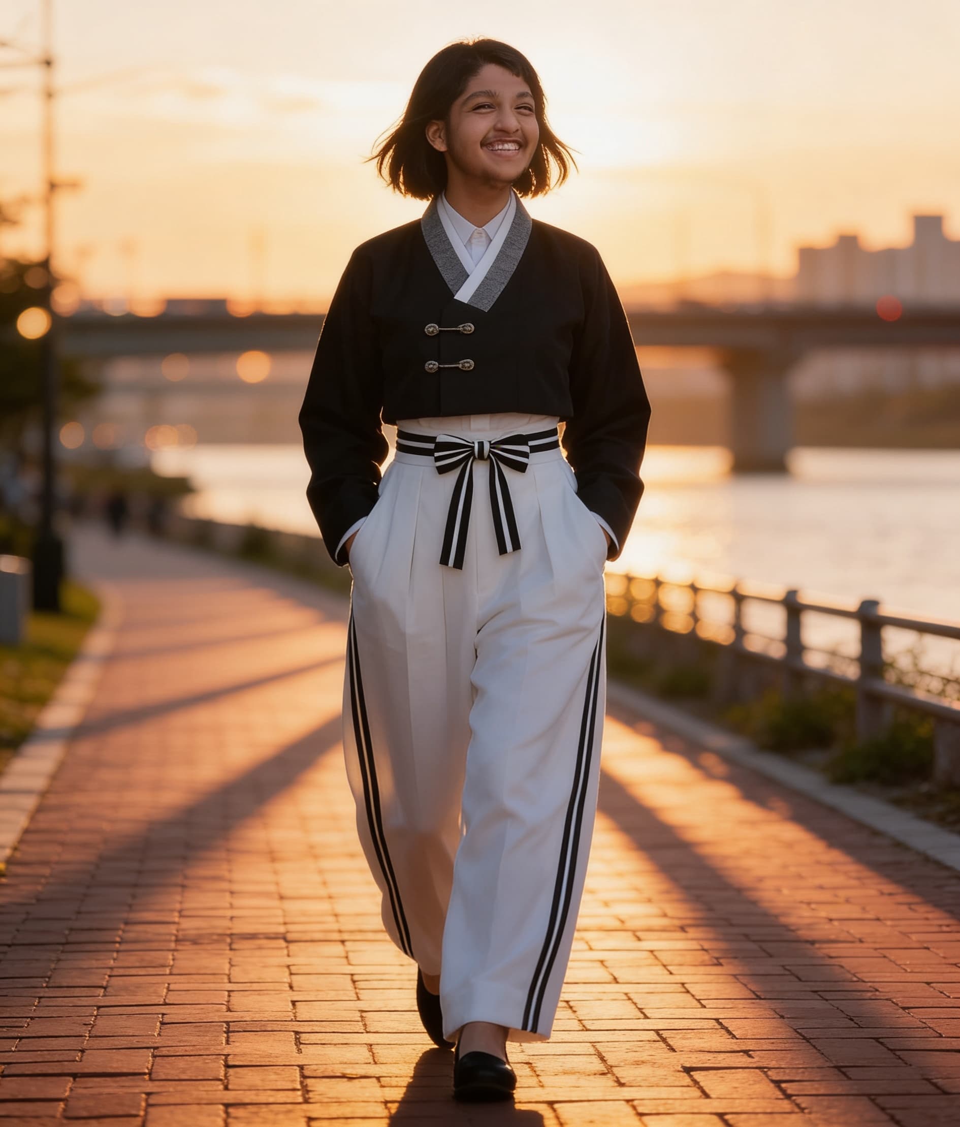 AI generated: ultra-realistic view photo of a Korean female model in 2026 Seoul Korea. Long shadows at the sunset ...