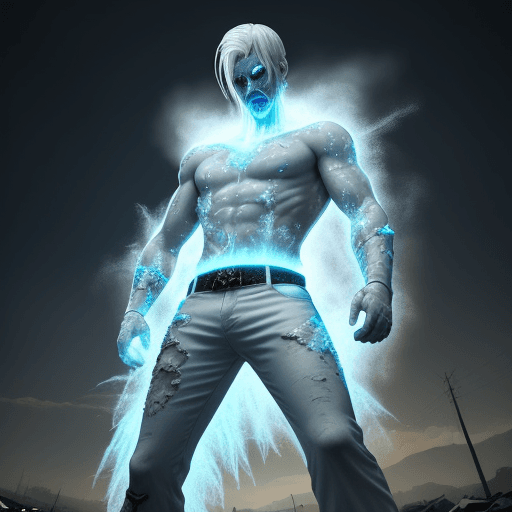 AI generated: Los Santos. Apocalypse. Zombies. Character with white hair, male, white-light blue semi-metal costum...