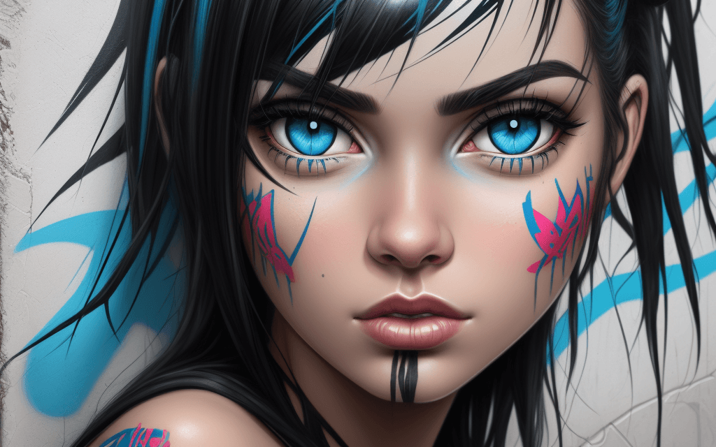 AI generated: graffiti style young women blue eyes black hair highly detailed  . street art, vibrant, urban, detai...