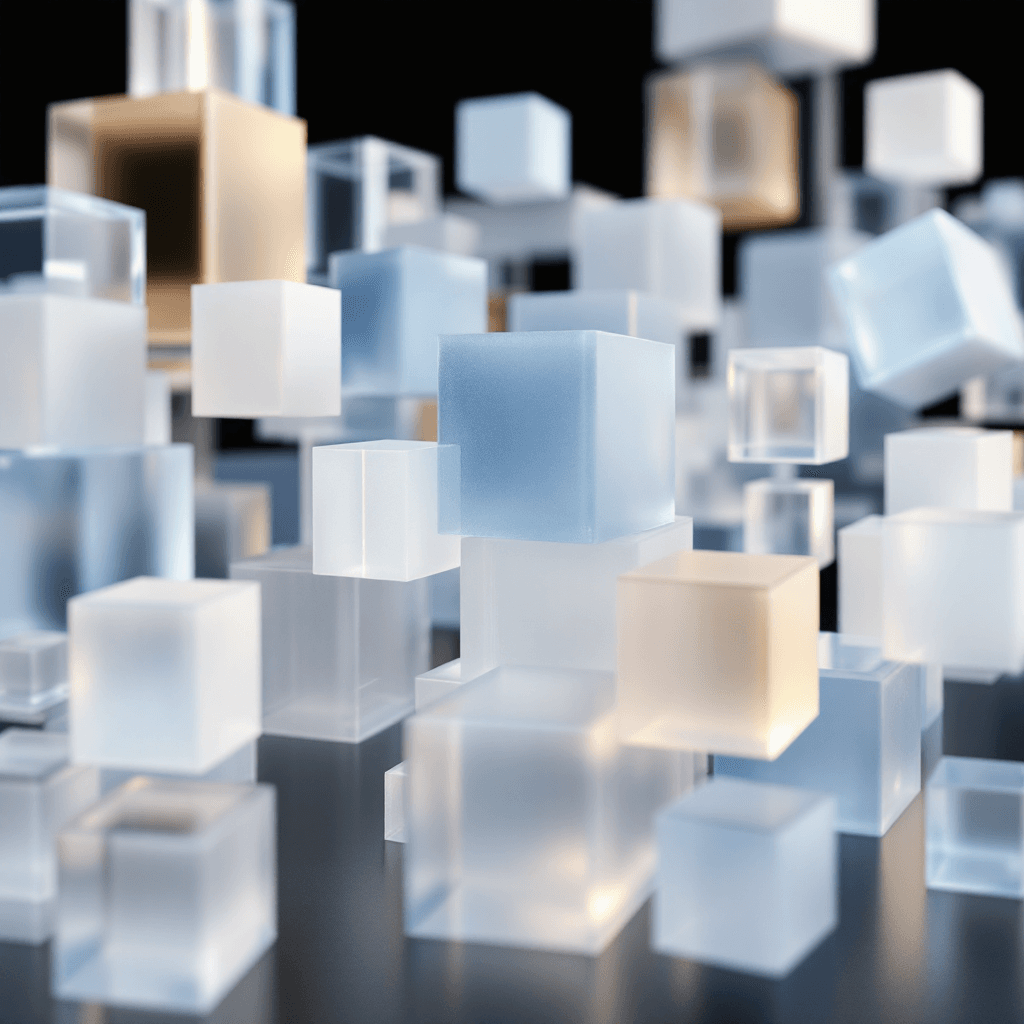 AI generated: 3D geometric shapes composition, translucent cubes in shades of ice blue, soft white and warm beige,...