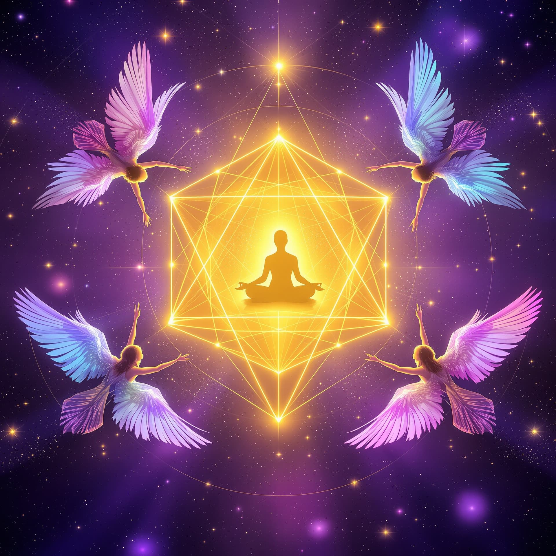 AI generated: YouTube thumbnail 16:9, cosmic, symmetric scene. At the center floats a golden luminous merkaba/stel...