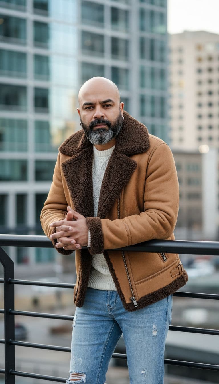 AI generated: A stylish male model standing outdoors against a modern urban backdrop. He is wearing a tan shearlin...