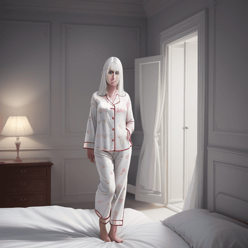 AI generated: A full-body shot of a girl with white hair looking at the viewer, wearing pyjamas, in a detailed bed...