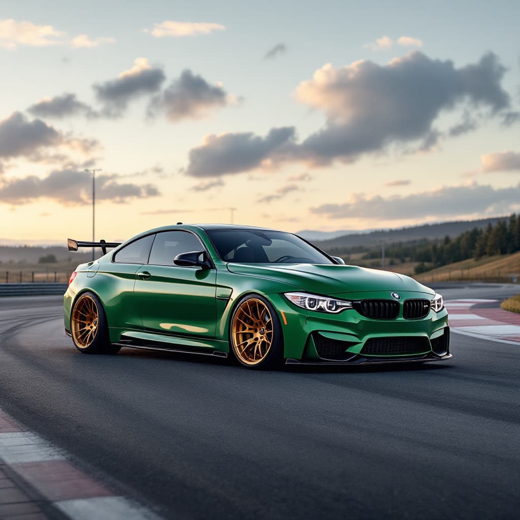 AI generated: BMW m3 f80 green color AND bronze rims in race road