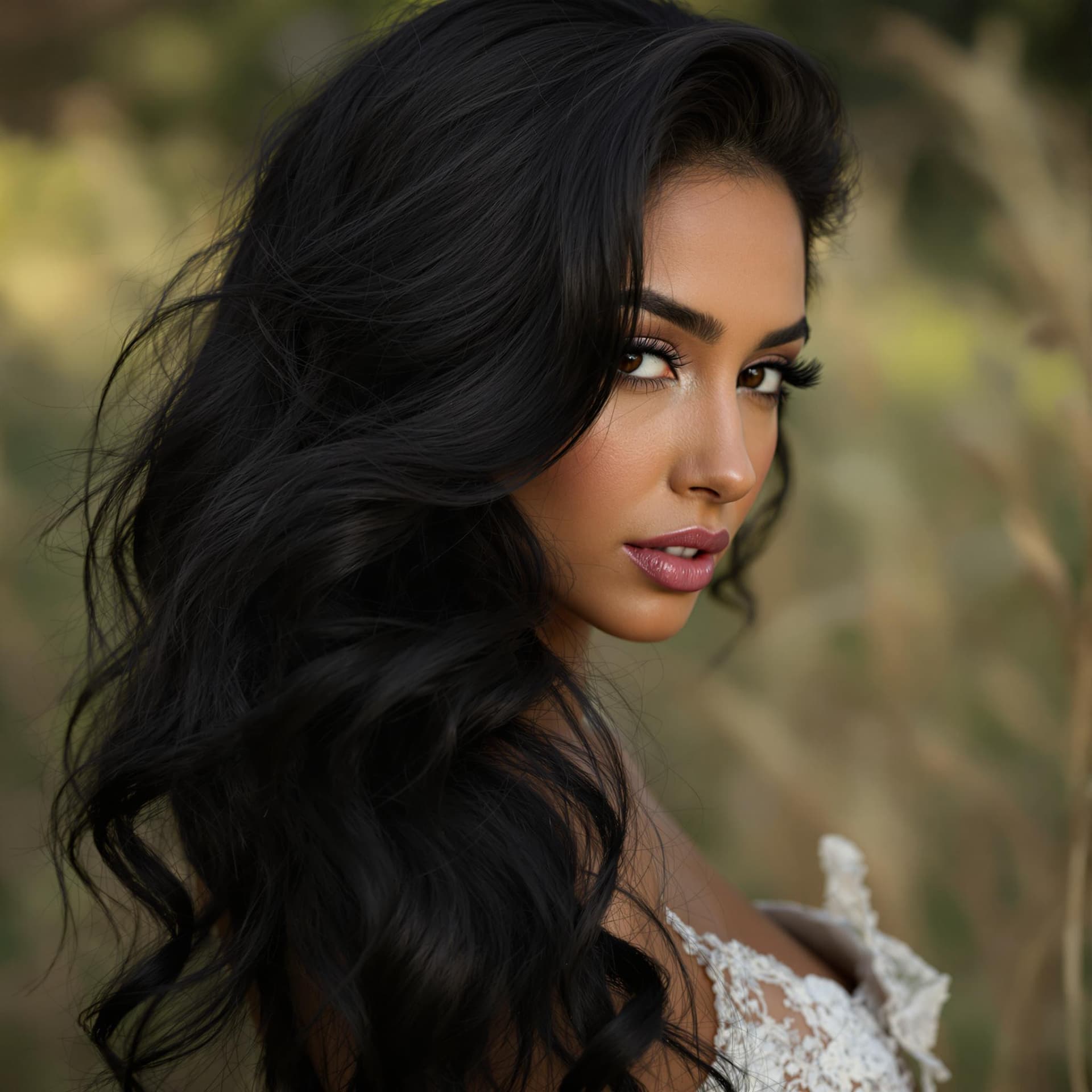 AI generated: masterpiece, outdoor glamour, delicate lighting, ebony hair cascade, intimate fashion, natural backd...