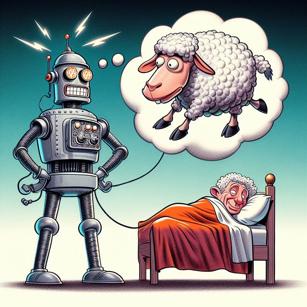 AI generated: A caricature that illustrates the expression "A robot dreaming of electric sheep!", in the style of ...