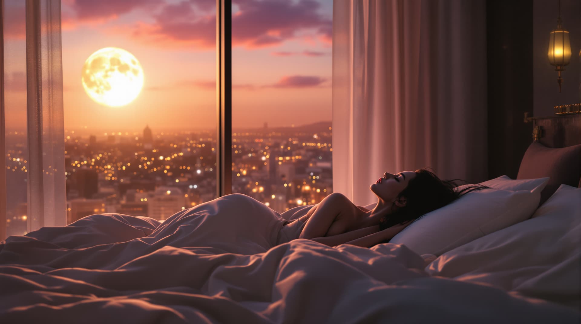 AI generated: "Ultra-realistic, cinematic overview of a luxurious modern bedroom, bathed in the soft, ethereal glo...