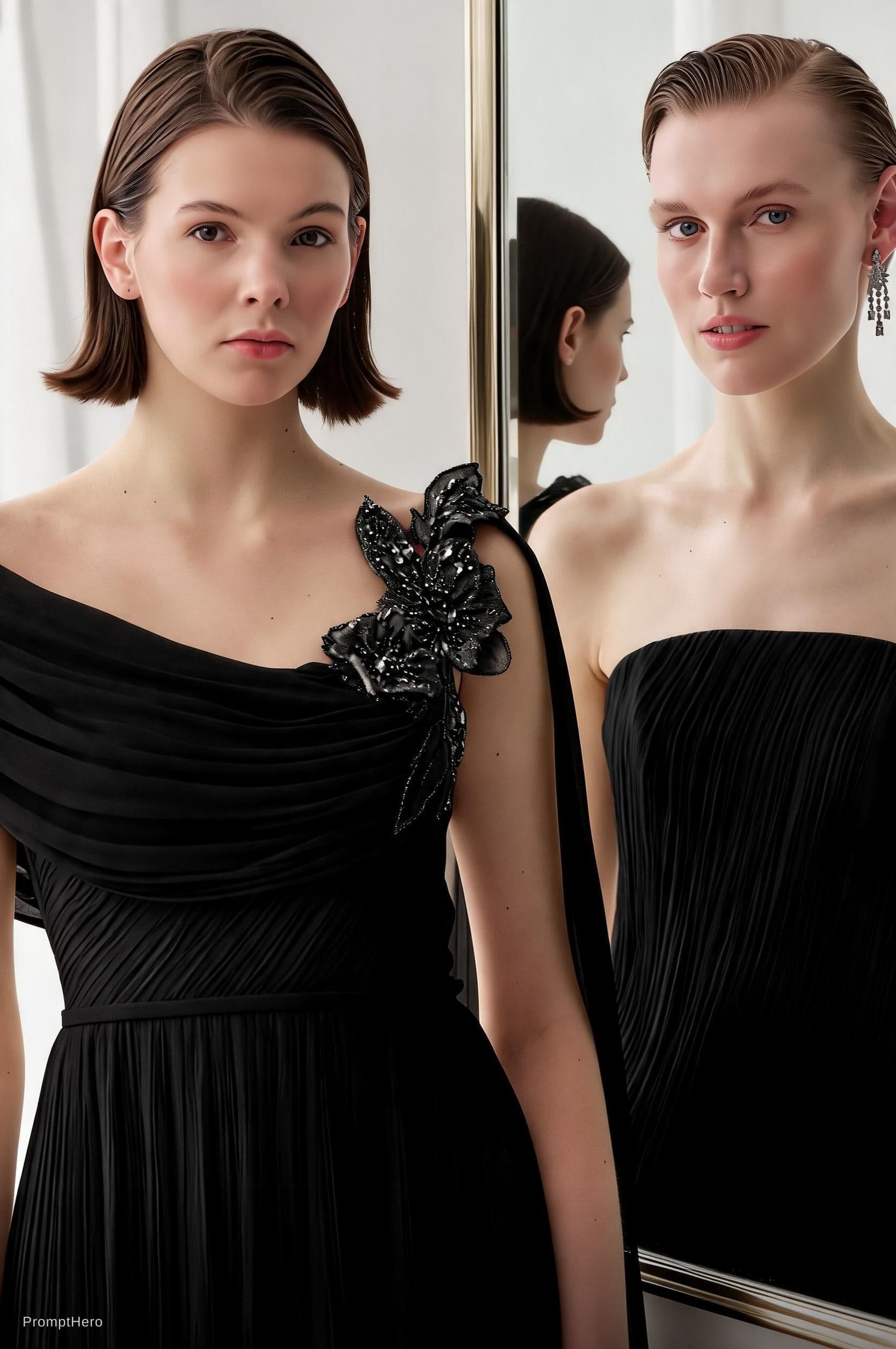 AI generated: photo realism, 8k, white young fashion models wearing black chiffon dress, standing in front of mirr...