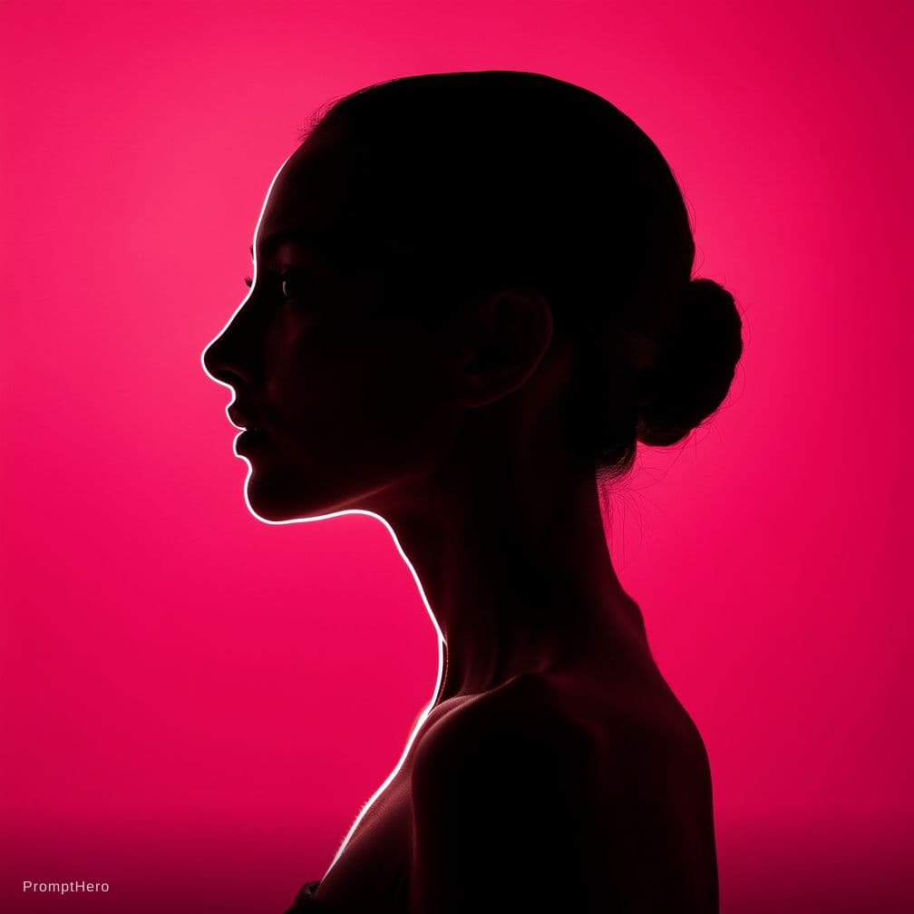 AI generated: photography, portrait of contrast, profile silhouette of a woman, vibrant hot pink backdrop, visuali...