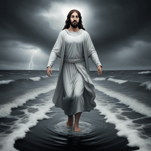 AI generated: Jesus walk on the water, in a storm,