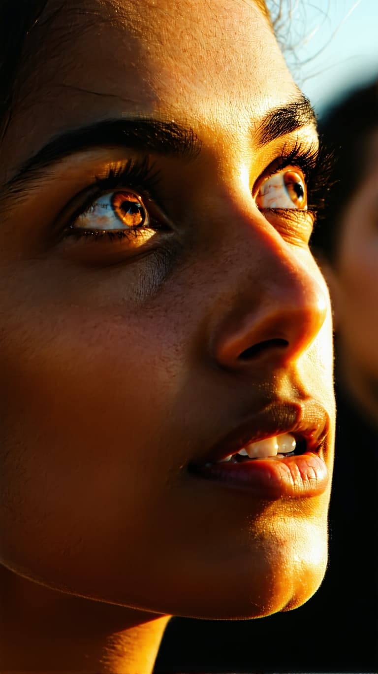 AI generated: "A close-up of a woman's face from the crowd, gazing at the man with awe and wonder. Her eyes are wi...
