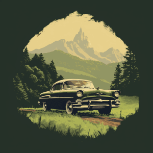 AI generated: A retro tshirt design, nostalgic aesthetic, a vintage car with a scenic countryside, hd, nostalgic, ...