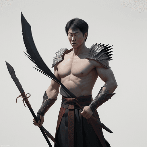 AI generated: A young man stands tall and strong like Jet Li and Jackie Chan mythology, a spear at neck level hori...