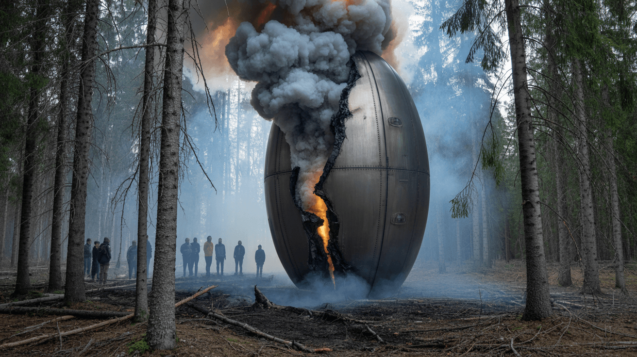 AI generated: a highly detailed UFO crashed in a realistic spruce forest, smoke coming from the UFO, Cracked groun...