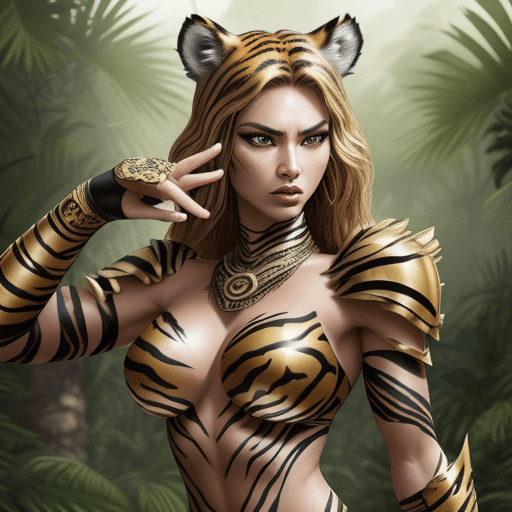 AI generated: (tiger-inspired armor design:1.5), a fierce and stylish concept for women, professional photoshoot, ...