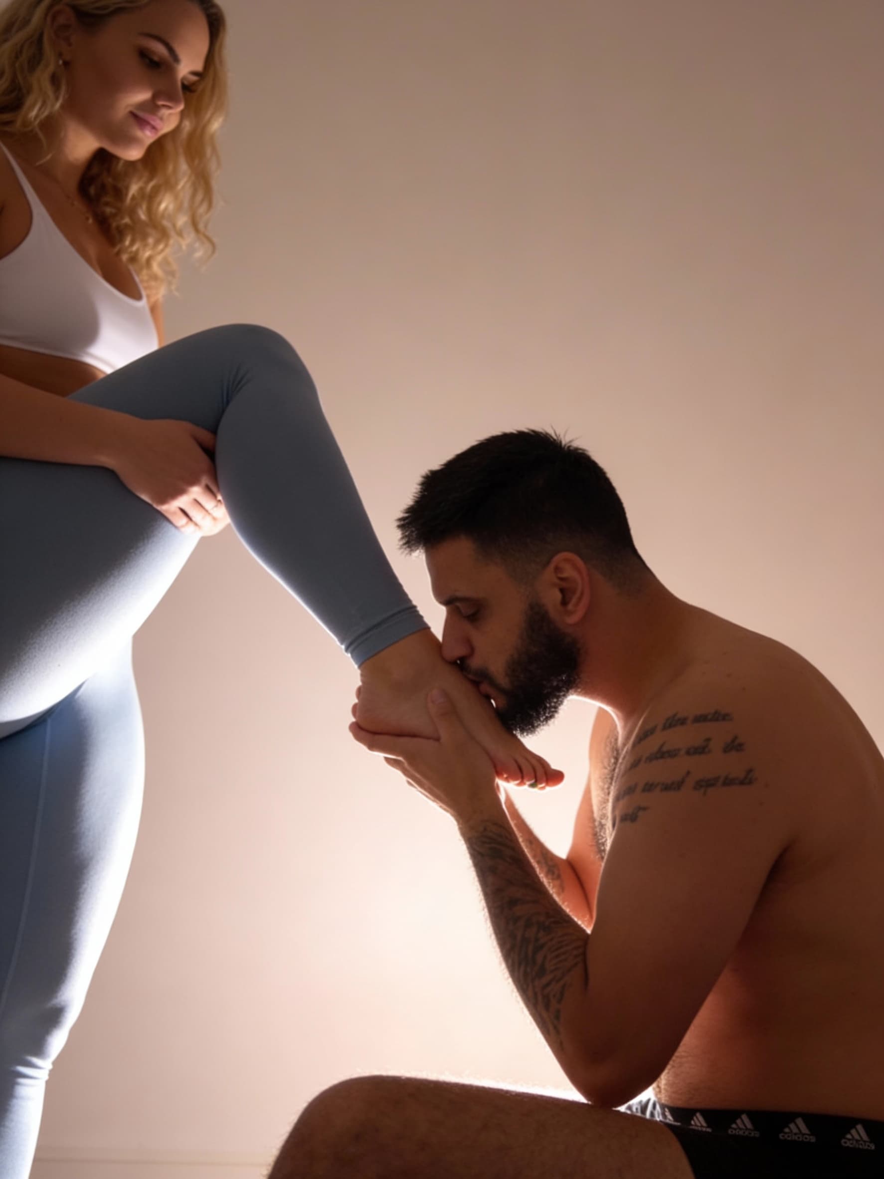 AI generated: A romantic, artistic scene of a husband gently kissing his wife’s feet, soft lighting, emotional and...