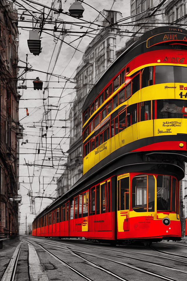 AI generated: A tram colored in black, red and yellow from top to bottom.
photorealistic, cinematic