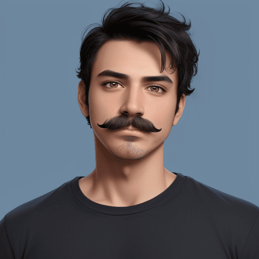 AI generated: 1boy, male_focus, realistic, solo, facial_hair, black_hair, shirt, mustache, blue_background, lookin...