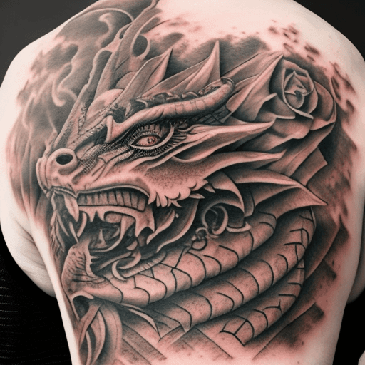 AI generated: a high definition photo of a sleeve tattoo on the left arm, dragon head on top of shoulder nesting o...