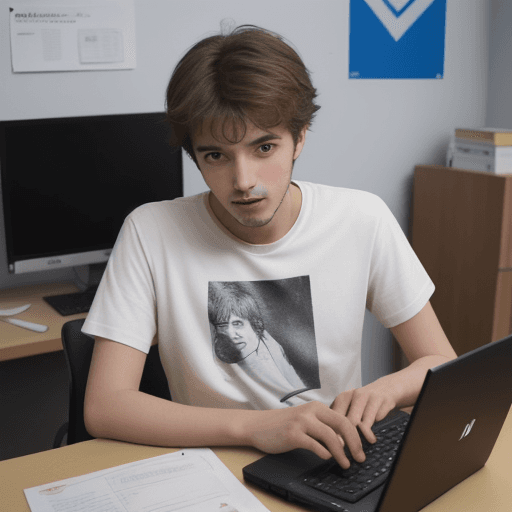 AI generated: un étudiant en informatique, façon héros de bande-dessinée. Il a un t-shirt sur lequel est inscrit, ...