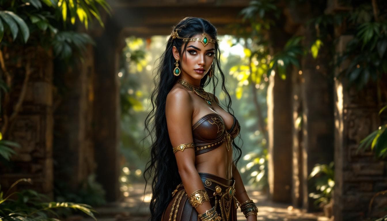 AI generated: A professional photo, hyper realistic textures, cinematic look of an Adult Aztec Princess, highly de...