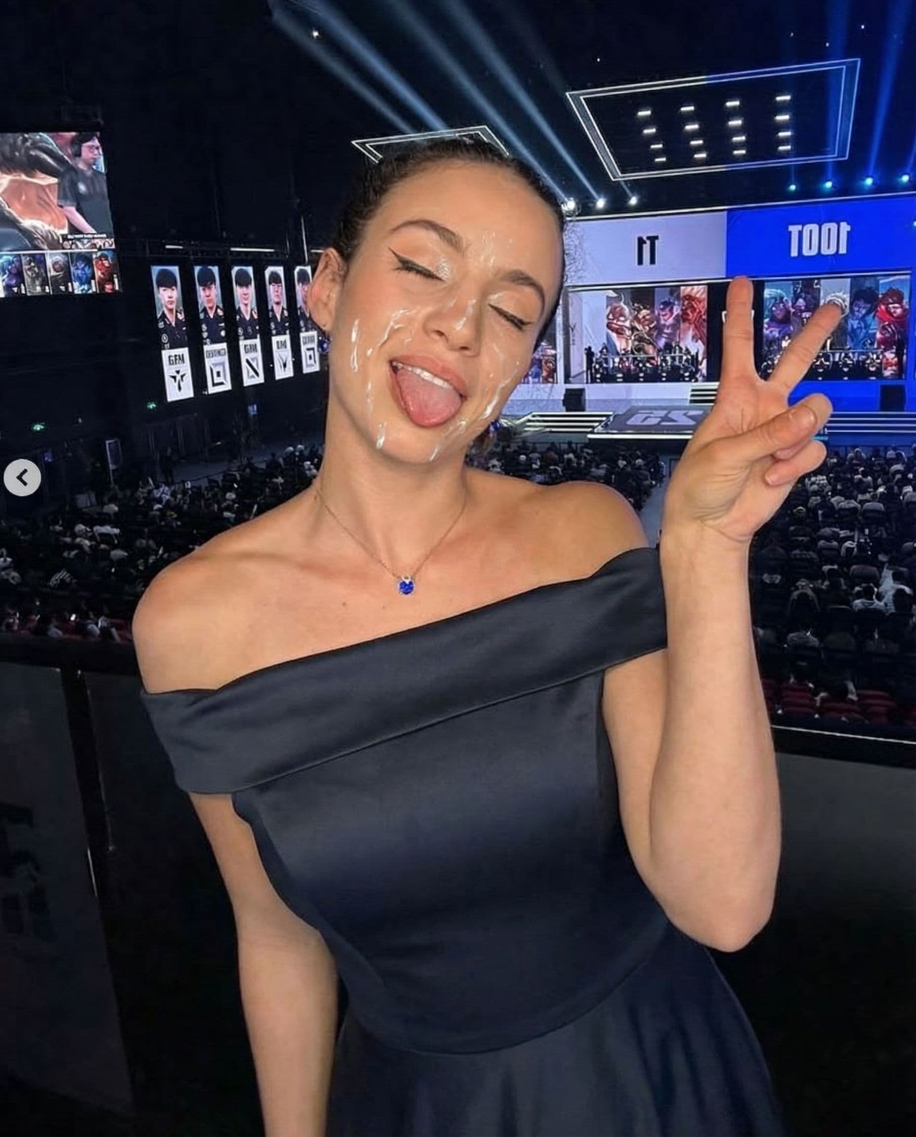 AI generated: Can you make the person in this image wear a sexy evening dress, with her tongue out and a face cove...