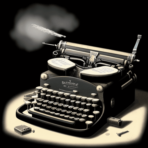 AI generated: draw of a typewriter mixed with a gun that blows an idea