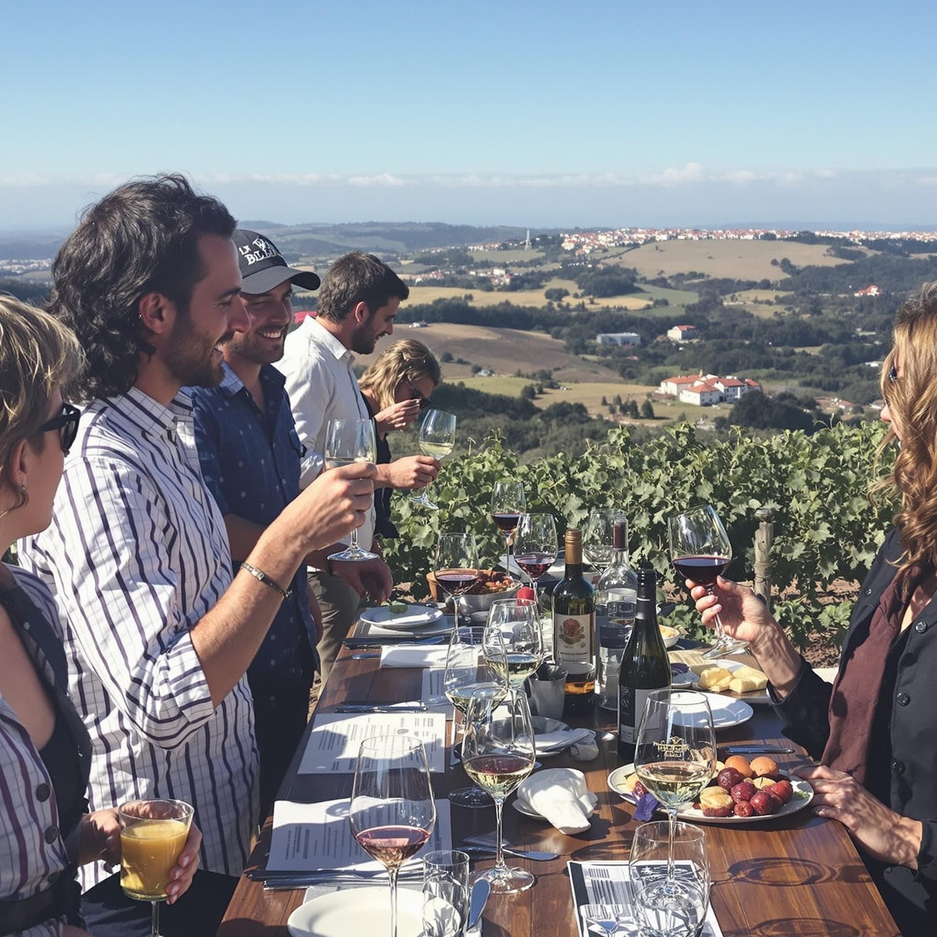 AI generated: wine tasting in portugal, team building, happy group, startup retreat