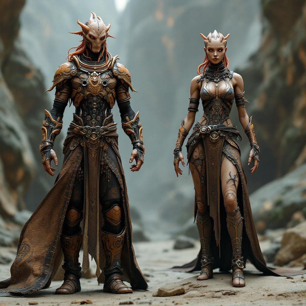 AI generated: Create a unique, flesh, organic, species, Male and Female, that matches this description. Vairan – g...