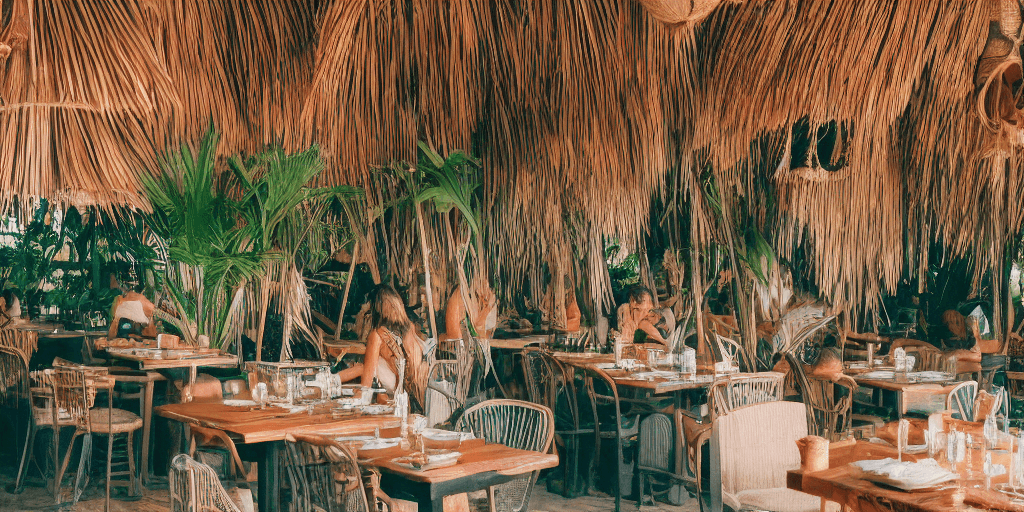 AI generated: tulum restaurant, boho style :: Film Halation effect :: Shooting Kodak Vision 3 500t at day with XPa...