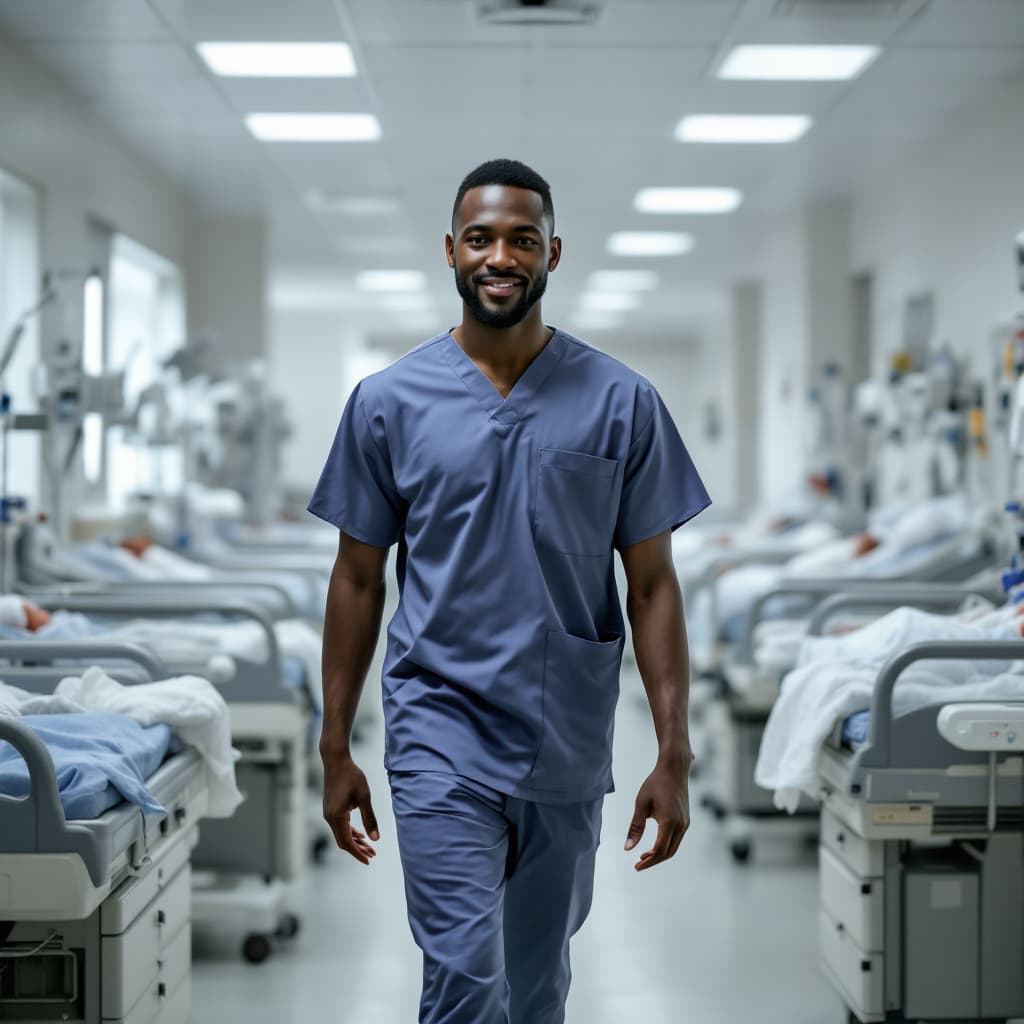 AI generated: An african male nurse, in fitting scrubs walking across a well arranged pediatric ward, full of smil...