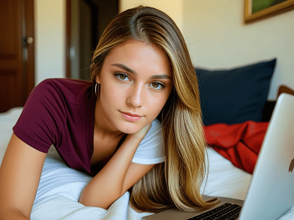 AI generated: Close-up, candid photograph of, a college woman, with long brunette hair and blonde highlights, curt...