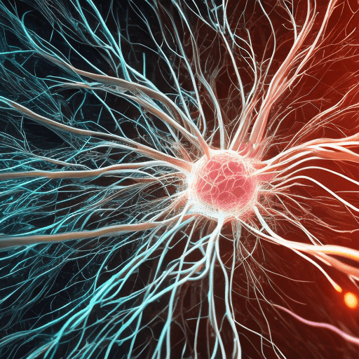 AI generated: A detailed 3d render of a network of neurons, sharp focus, depth of field, neon