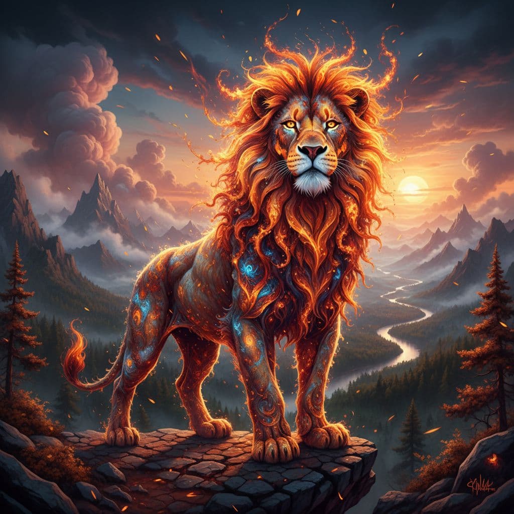 AI generated: fractal fire lion in nature fractal
