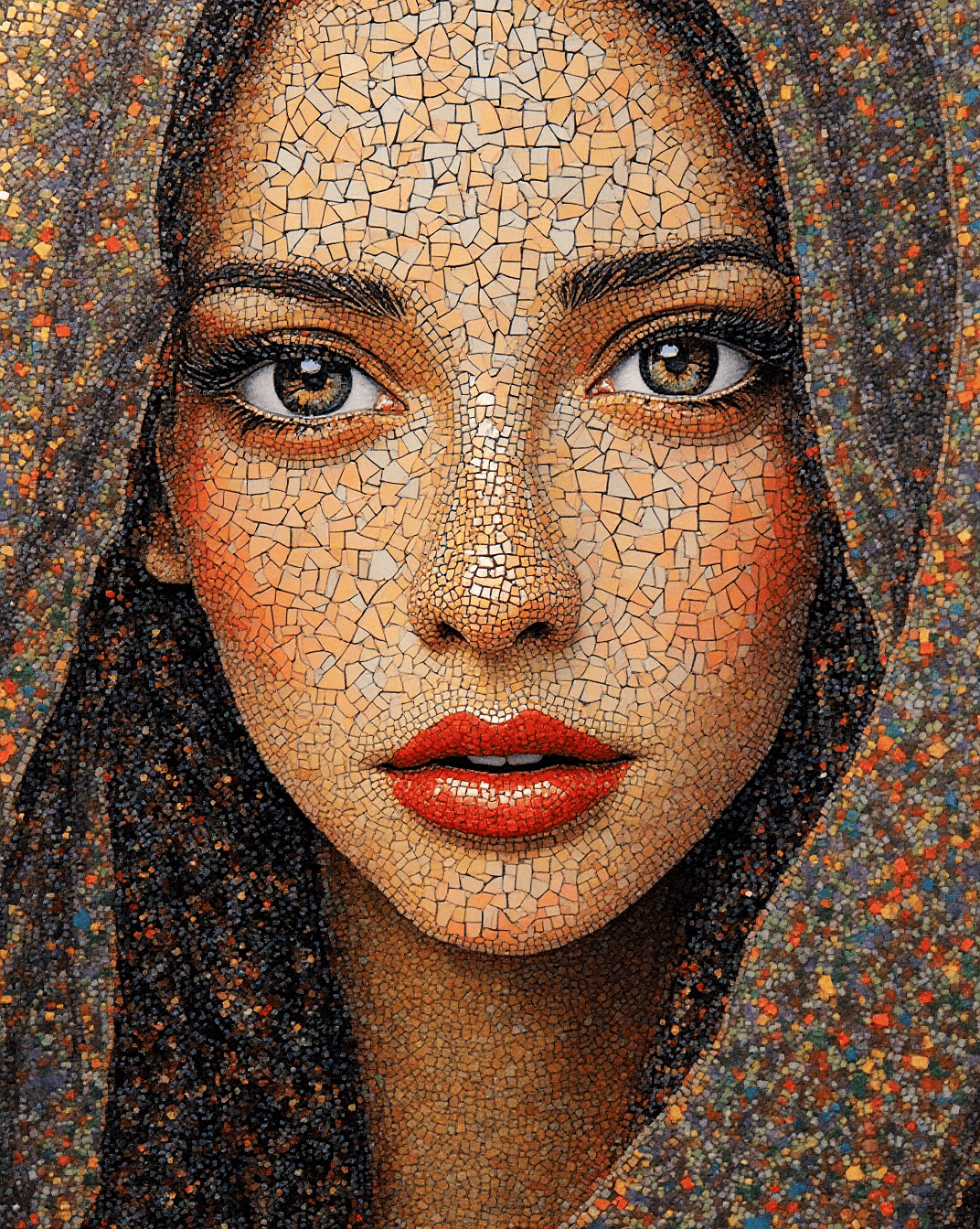AI generated: A detailed mosaic portrait of a woman with large hazel eyes, thick eyebrows, and red lips. Her face ...